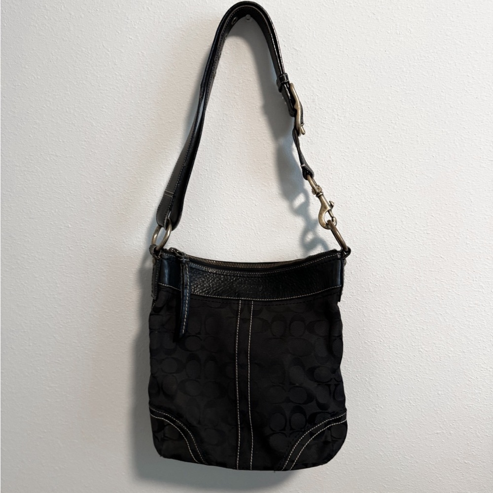 COACH 10403 BLACK JACQUARD LEATHER TRIM BRASS HDWRE SHOULDER BAG PURSE - Picture 4 of 5